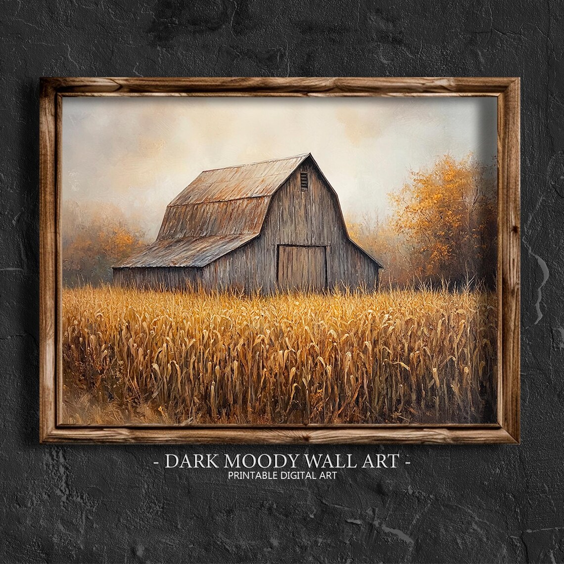 Weathered Wooden Barn in Golden Harvest Field Misty Morning Vintage Poster