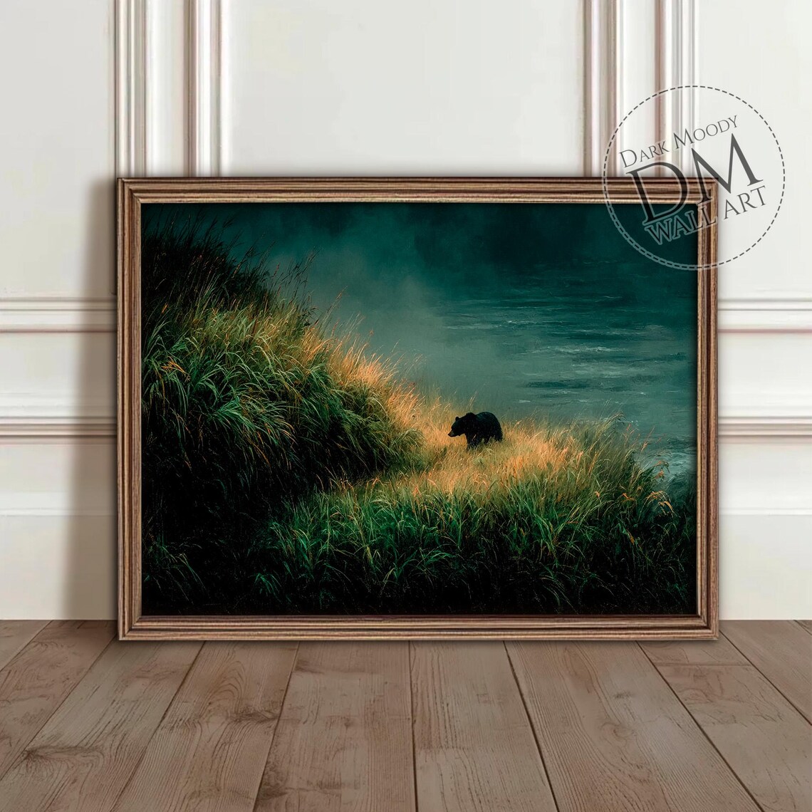 Bear in Misty Forest Art Print, Moody Rustic Nature