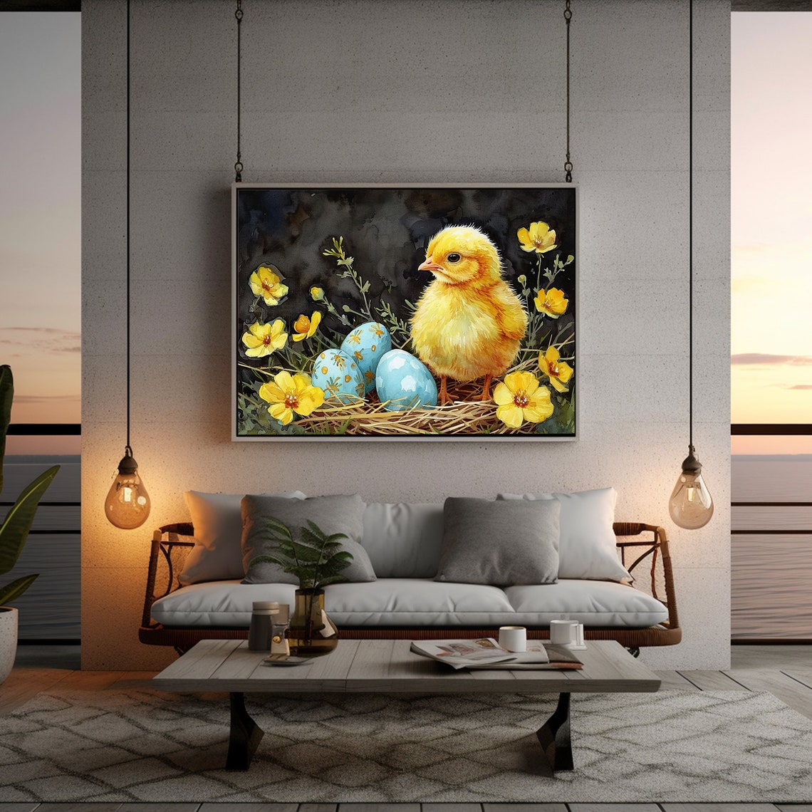 Yellow Chick Blue Easter Eggs Nest Spring Watercolor Wall Art - Image 5