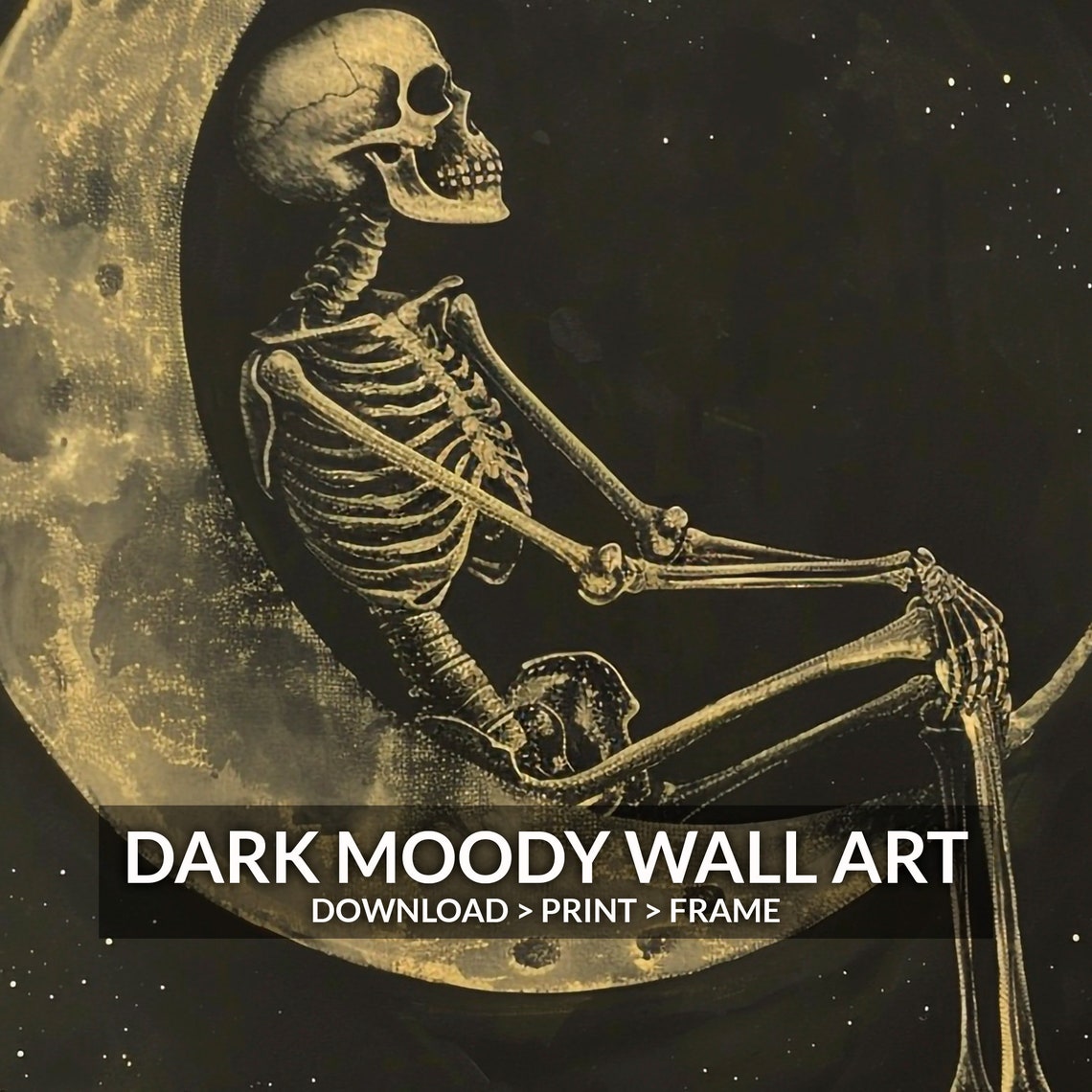 Skeleton Sitting Crescent Moon Gold Night Sky Halloween Art Poster - Image 6