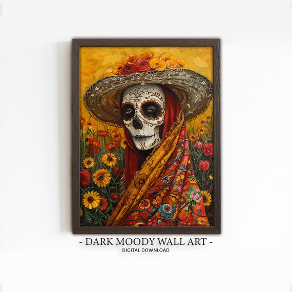 Catrina Sugar Skull Straw Hat Marigold Field Folk Art Poster