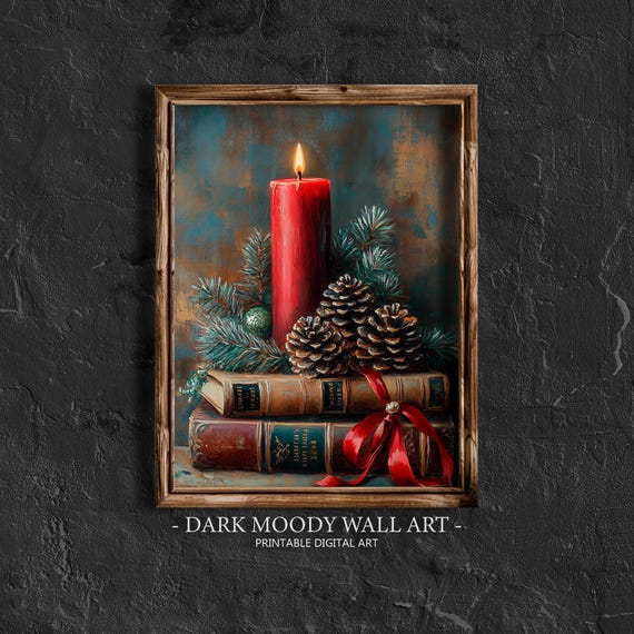 Christmas Book Print Vintage Christmas Wall Art Stacked Books Art Moody Book Stack And Candle Art Pinecone Candle Decor