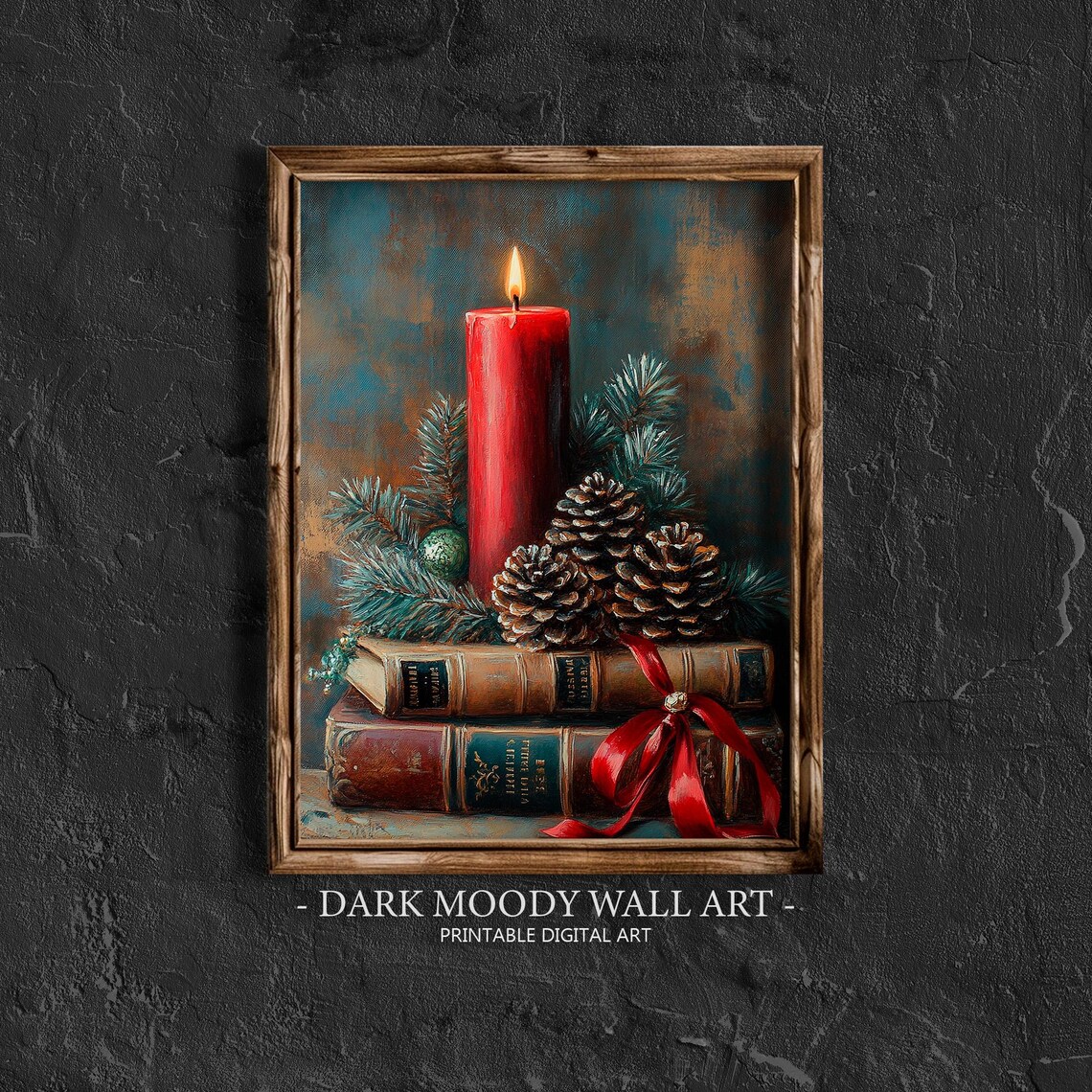 Red Candle With Pine Cones on Vintage Books Christmas Wall Art