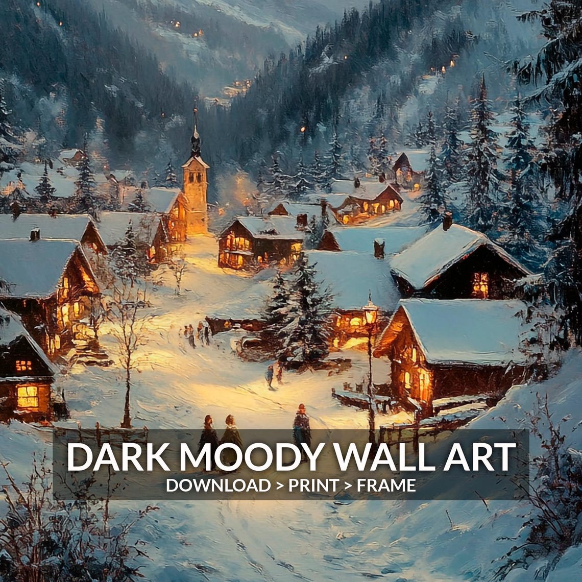 Golden Sunset Over Snowy Mountain Village Winter Evening Wall Art - Image 6