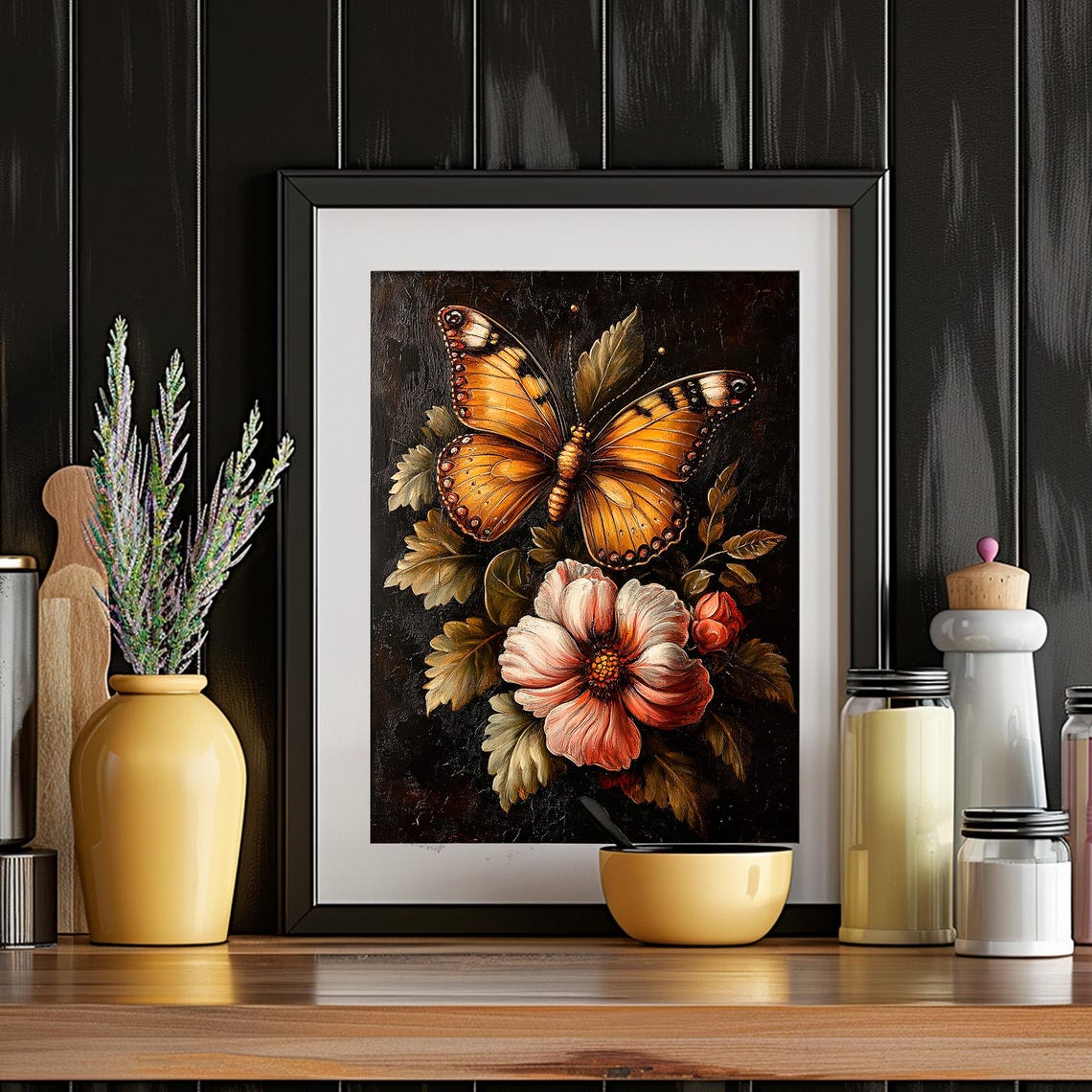 Orange Butterfly Pink Flower Dark Botanical Vintage Cottagecore Poster - Image 2