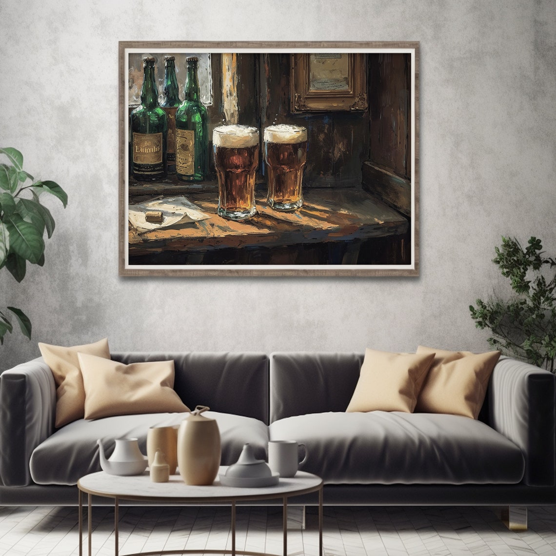 Two Beer Pints And Bottles Old Irish Pub Scene Oil Painting Poster - Image 4