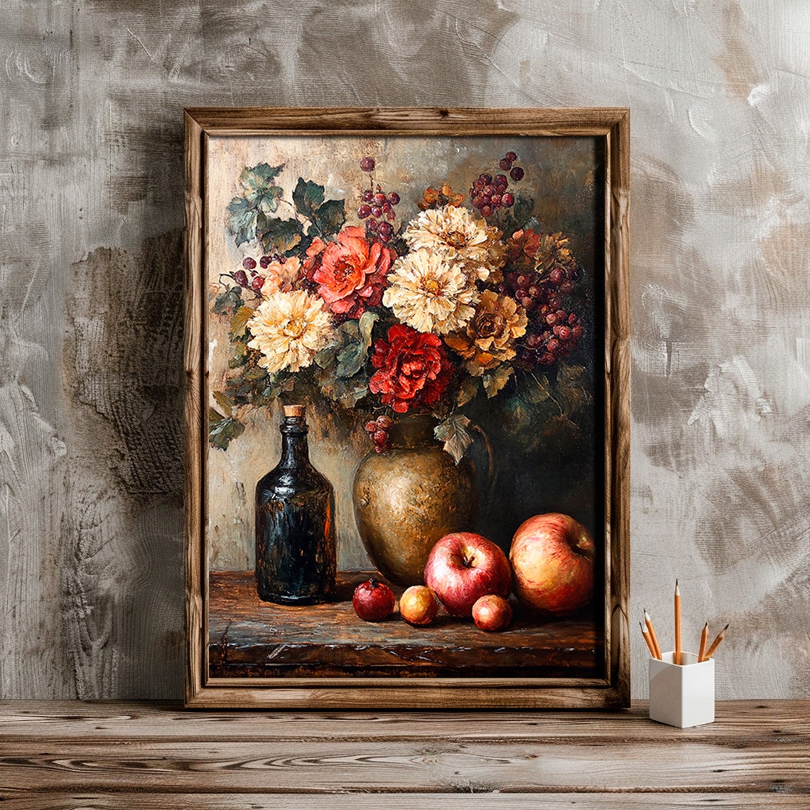 Dahlia Apple Rustic Still Life Dark Moody Kitchen Art Poster - Image 3