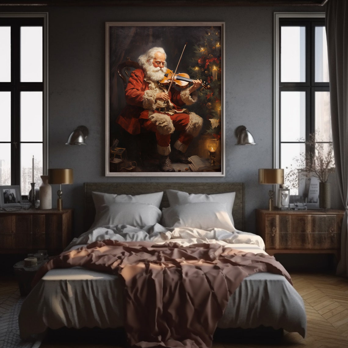 Santa Claus Playing Violin Christmas Candlelight Painting Poster - Image 6