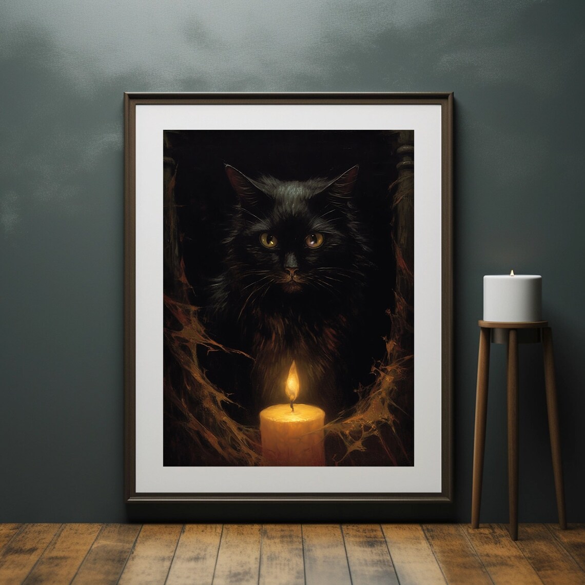 Black Cat in Darkness Behind Lit Candle Glowing Eyes Gothic Halloween Poster - Image 6