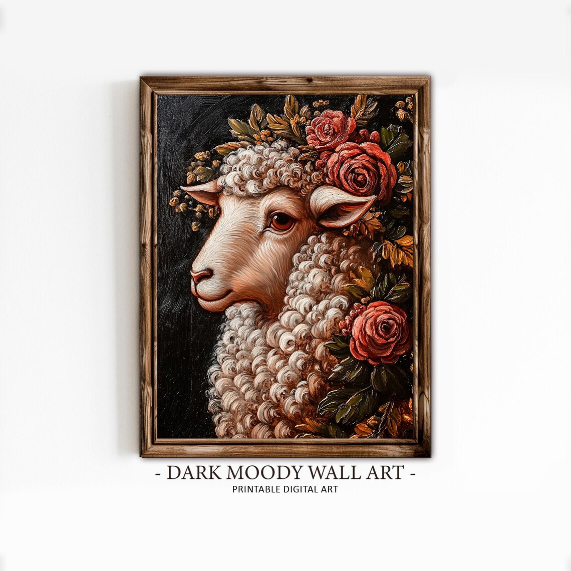 Floral Crown Lamb Portrait Red Roses Dark Moody Animal Art Poster - Image 2