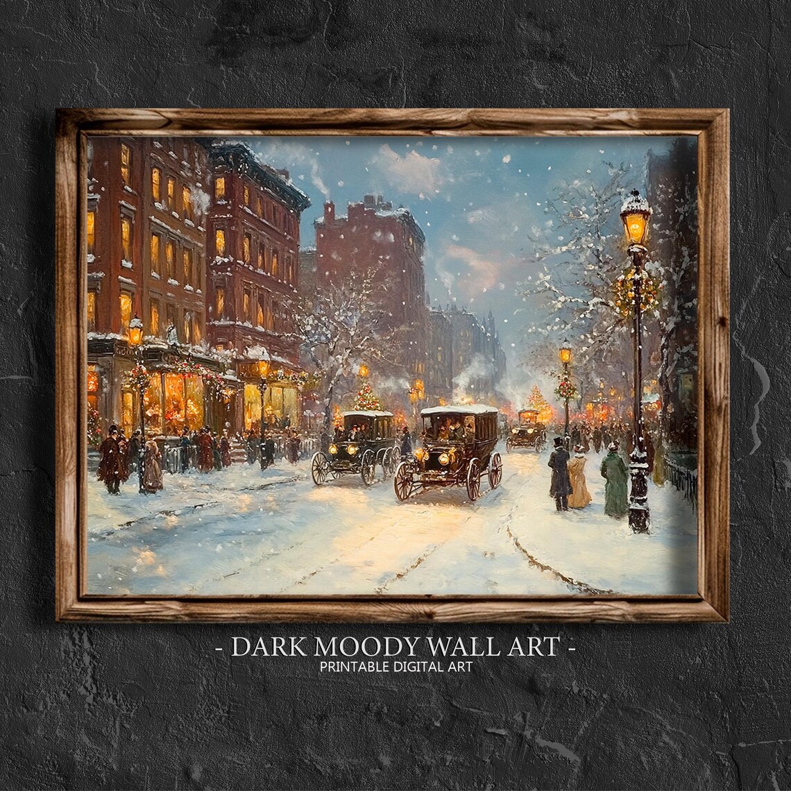 Vintage New York City Christmas Snowy Street Old Cars Wall Art - Image 4