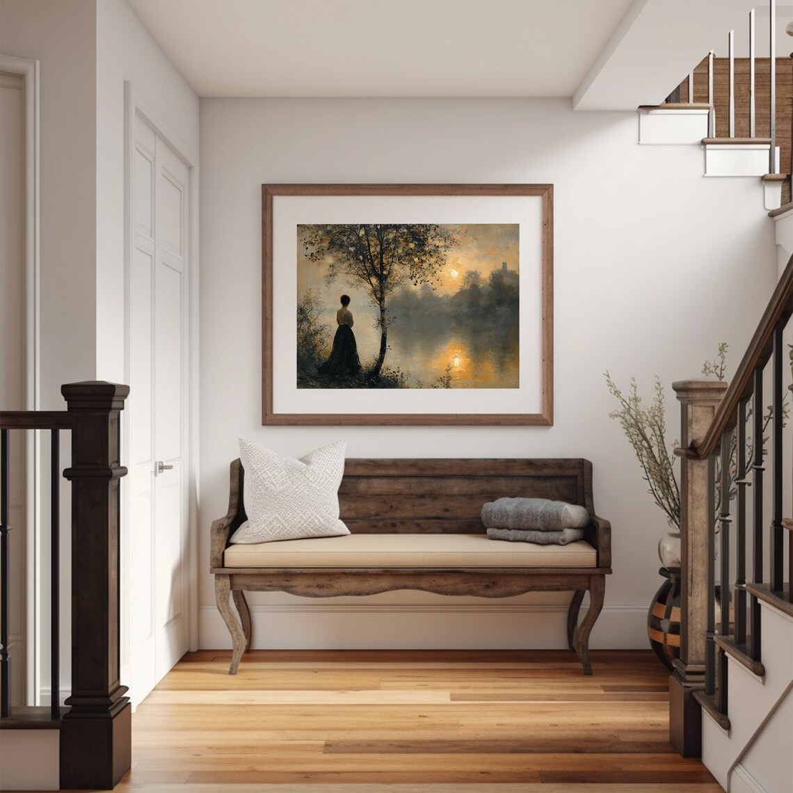 Woman in Long Dress by Lake at Golden Sunset Romantic Fall Painting Poster - Image 5