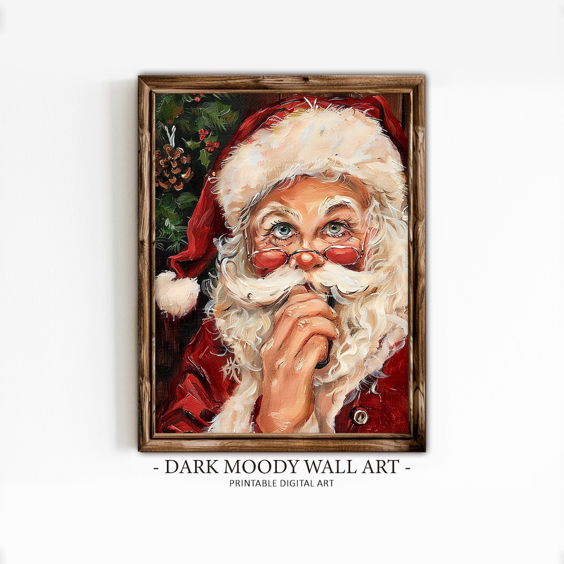Santa Face Portrait Shushing Finger Pinecones Vintage Christmas Poster