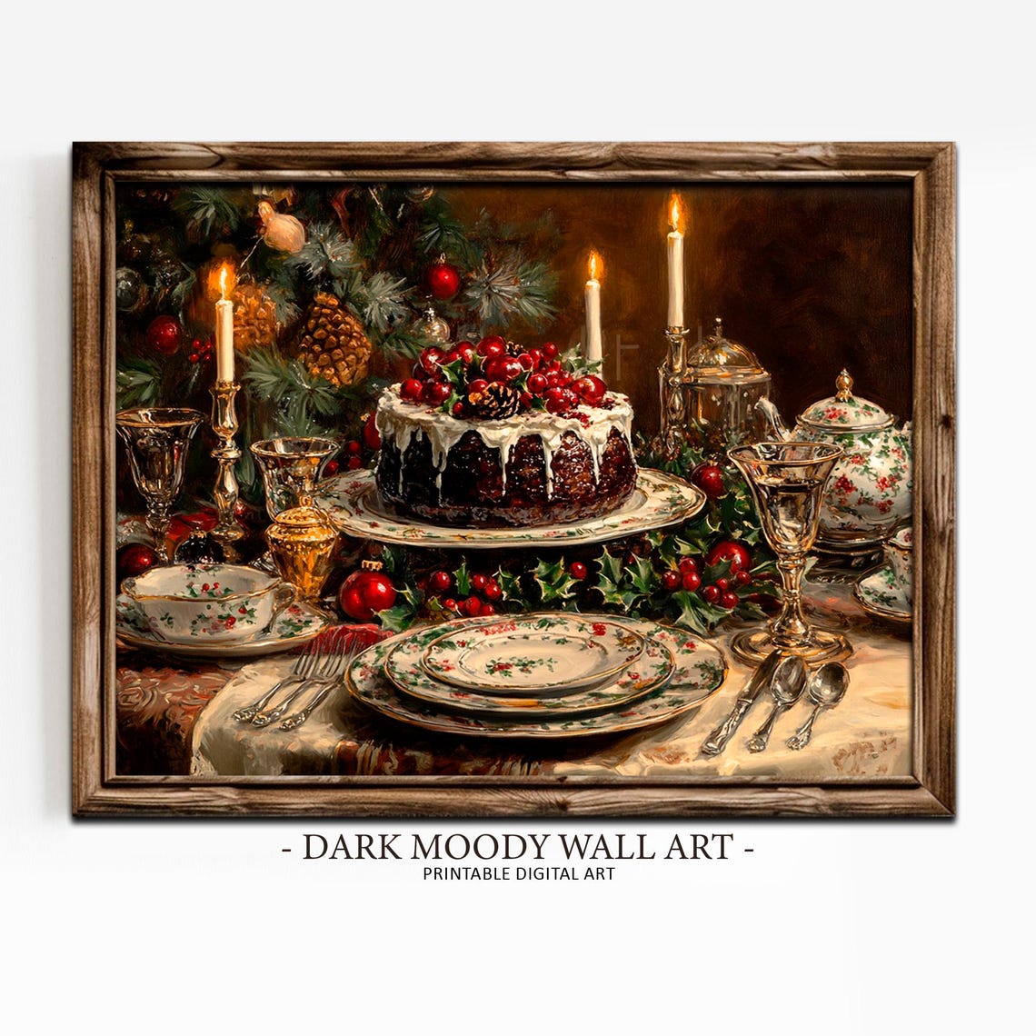 Victorian Christmas Pudding Feast on Candlelit Table Wall Art - Image 4