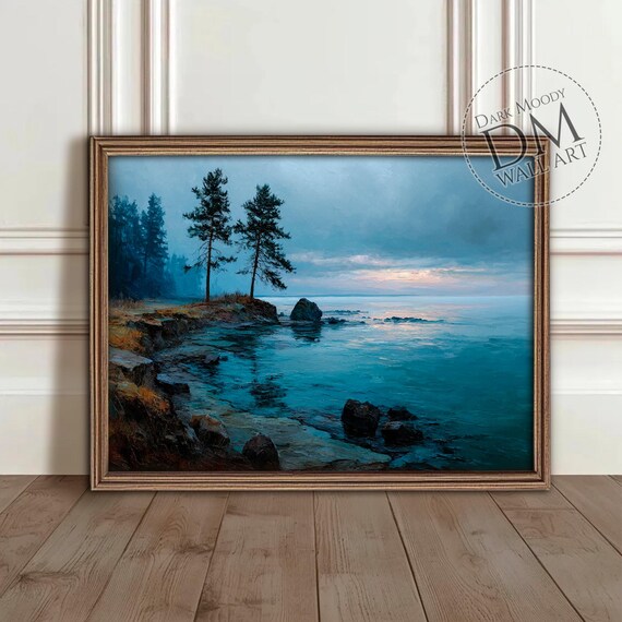 Calm Nordic Coastal Pines Rocky Shore Teal Sea Dusk Moody Wall Art