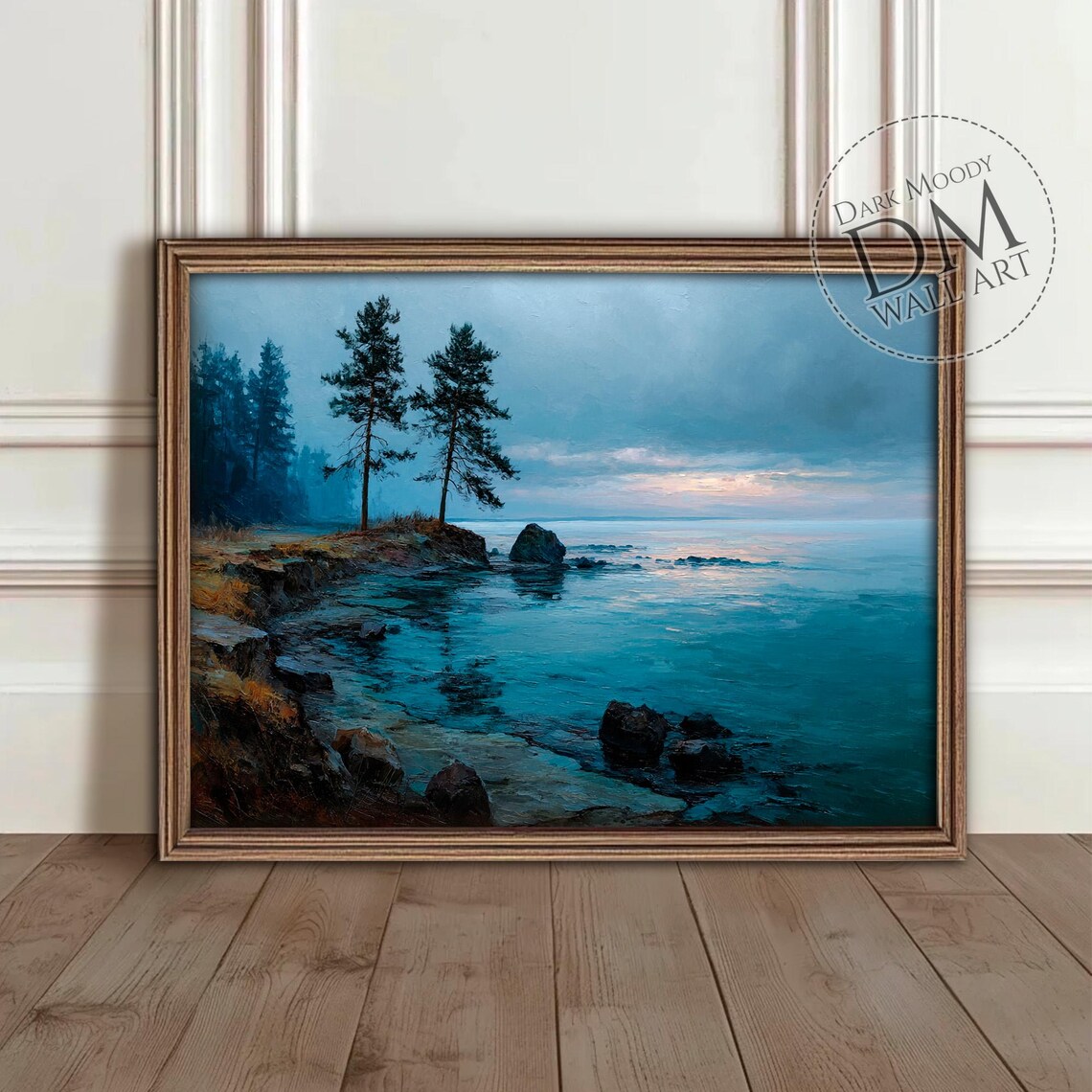 Calm Nordic Coastal Pines Rocky Shore Teal Sea Dusk Moody Wall Art