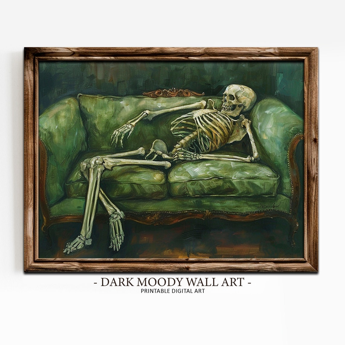 Decadent Skeleton Lounging Green Velvet Sofa Dark Gothic Art Print