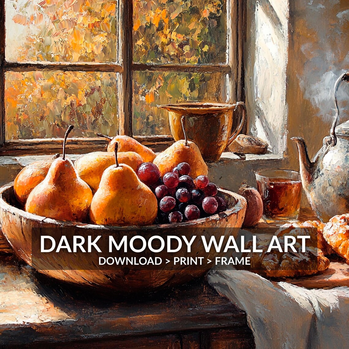 Autumn Pears And Grapes Kitchen Still Life Oil Painting Wall Art - Image 6