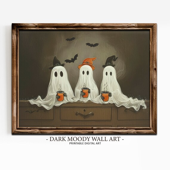 Three Ghosts Witch Hats Drinking Cocoa Cute Halloween Painting Poster