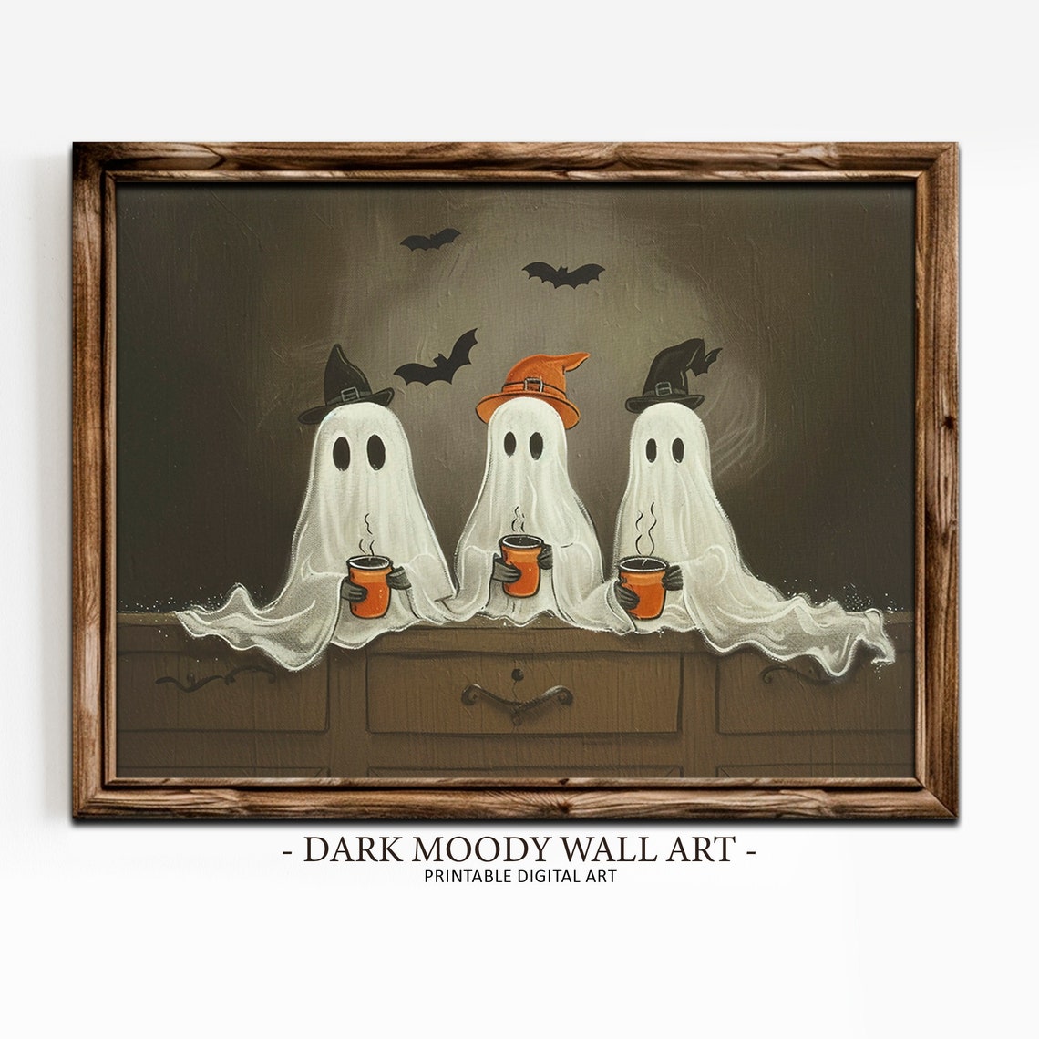 Three Ghosts Witch Hats Drinking Cocoa Cute Halloween Painting Poster