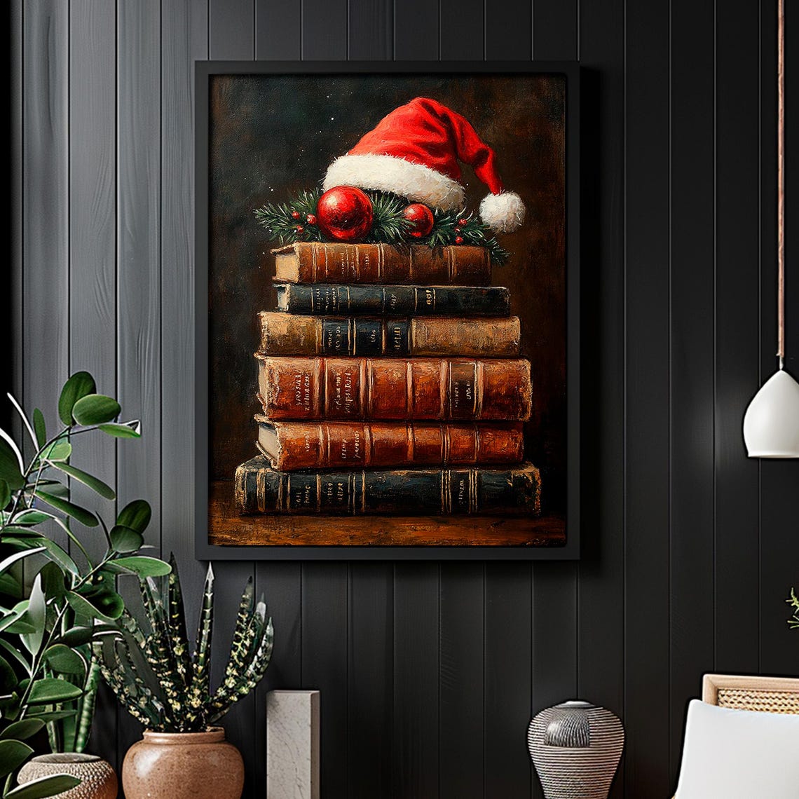 Vintage Books Stack Santa Hat Christmas Ornaments Still Life Poster - Image 2