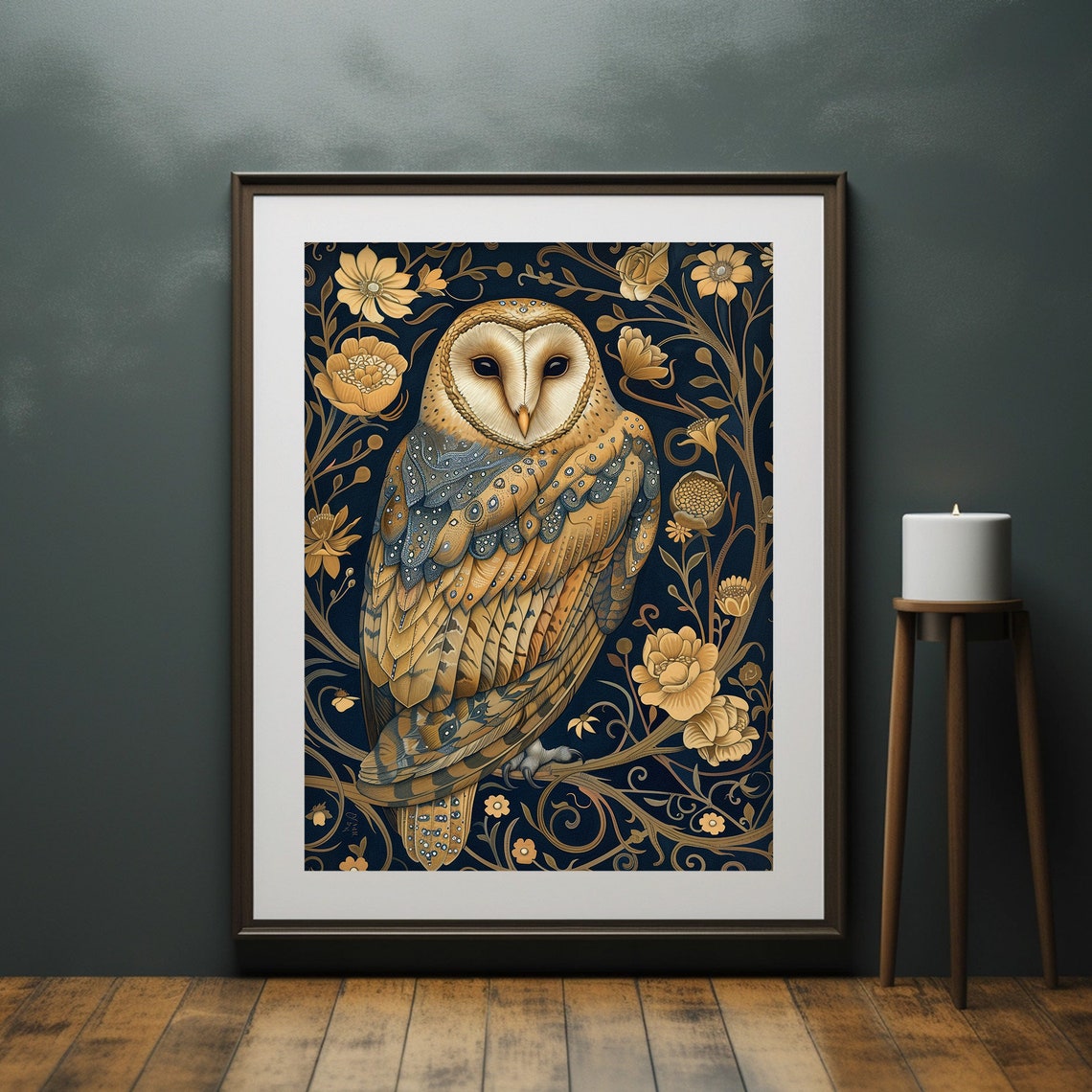 Golden Barn Owl Floral William Morris Style Dark Vintage Wall Art - Image 5
