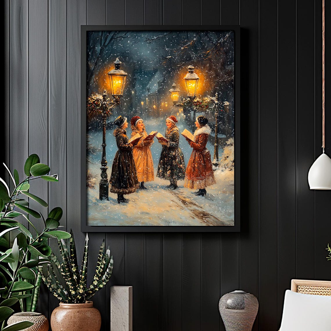 Women Caroling Under Lampposts Snowy Night Christmas Wall Art - Image 2