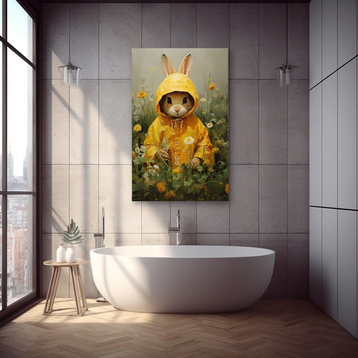 Bunny in Yellow Raincoat Wildflower Meadow Watercolor Spring Poster - Image 5