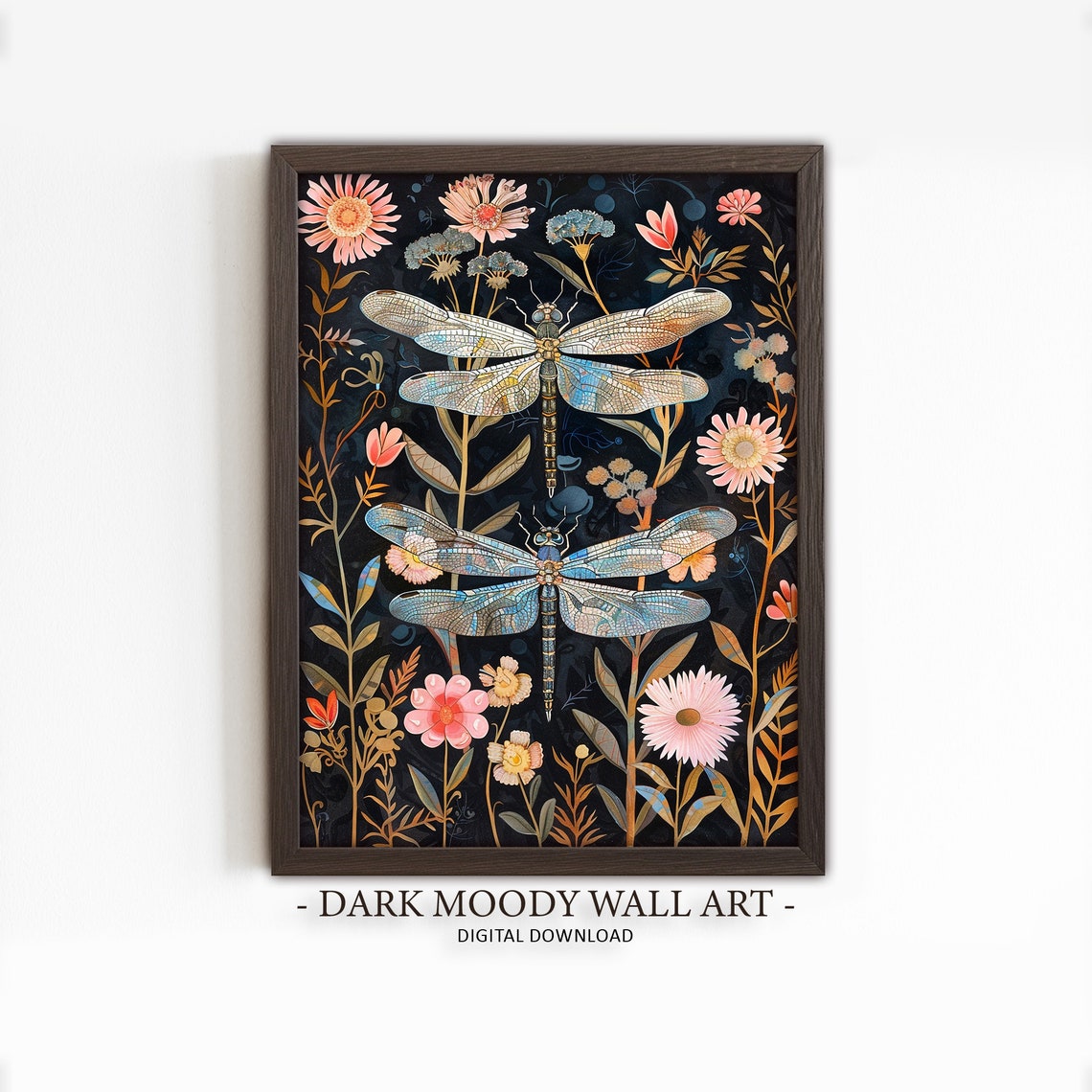 Dark Botanical Dragonfly Floral Black Background Painting Poster