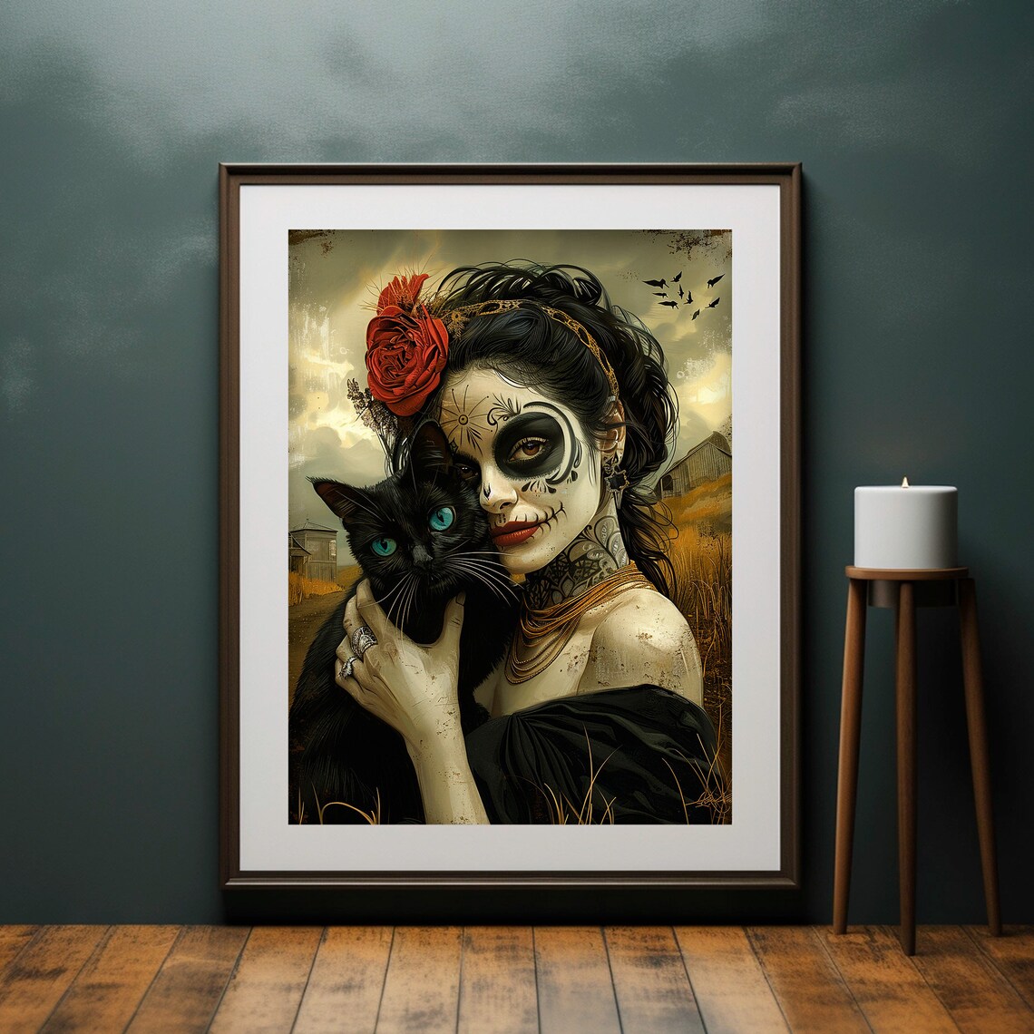 La Catrina Sugar Skull Woman Black Cat Red Rose Day of Dead Poster - Image 2