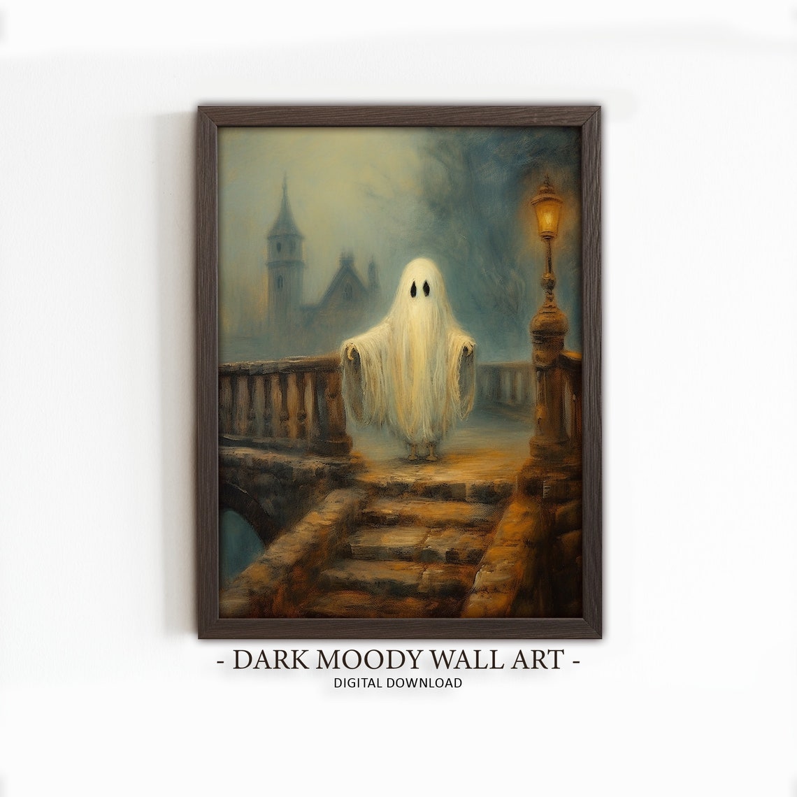 Cute Ghost Painting Moody Haunted Halloween Art Gothic Ghost On The Bridge Print Decor