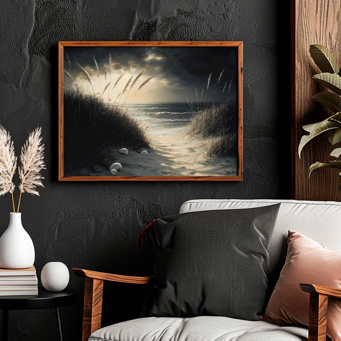 Sand Dunes Print Coastal Beach Wall Art Dark Moody Wildflower Painting - Image 2