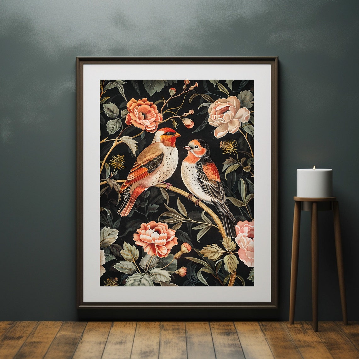 Bird Print Floral Dark Moody Art Botanical William Morris Print Black Background Art - Image 6
