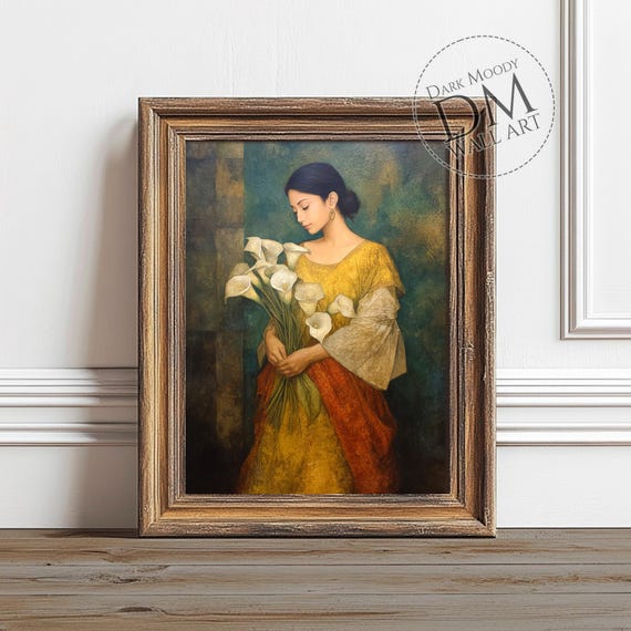 Mexican Woman Wall Art Portrait With Calla Lilies In Folk Style