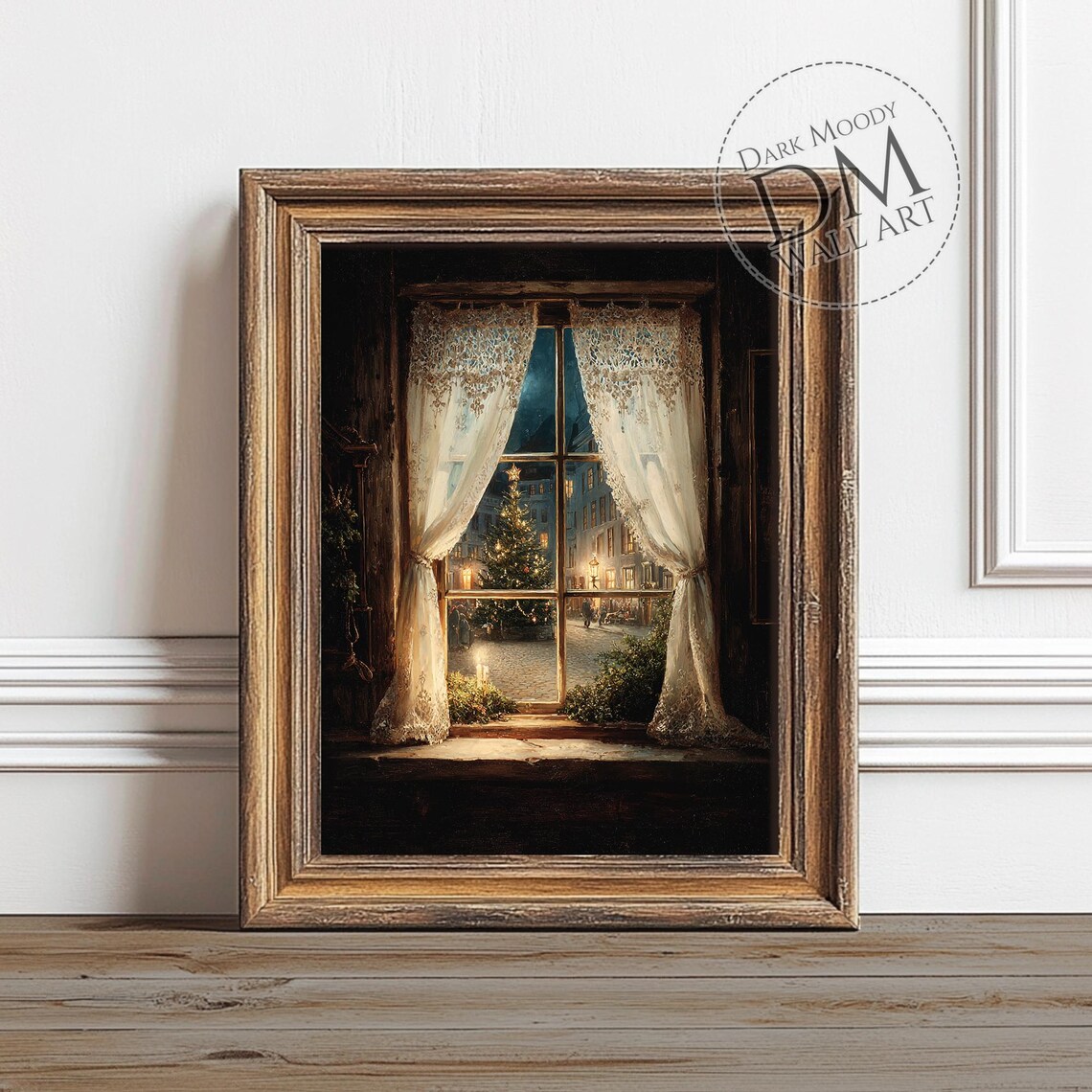 Christmas Tree Window Rustic Holiday Village Art Print