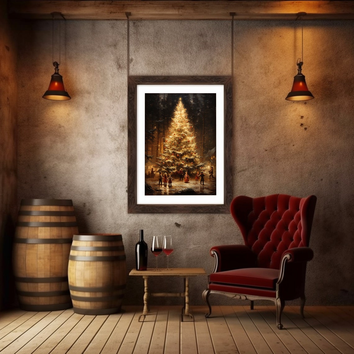 Victorian Christmas Tree Children Snowy Forest Painting Poster - Image 4
