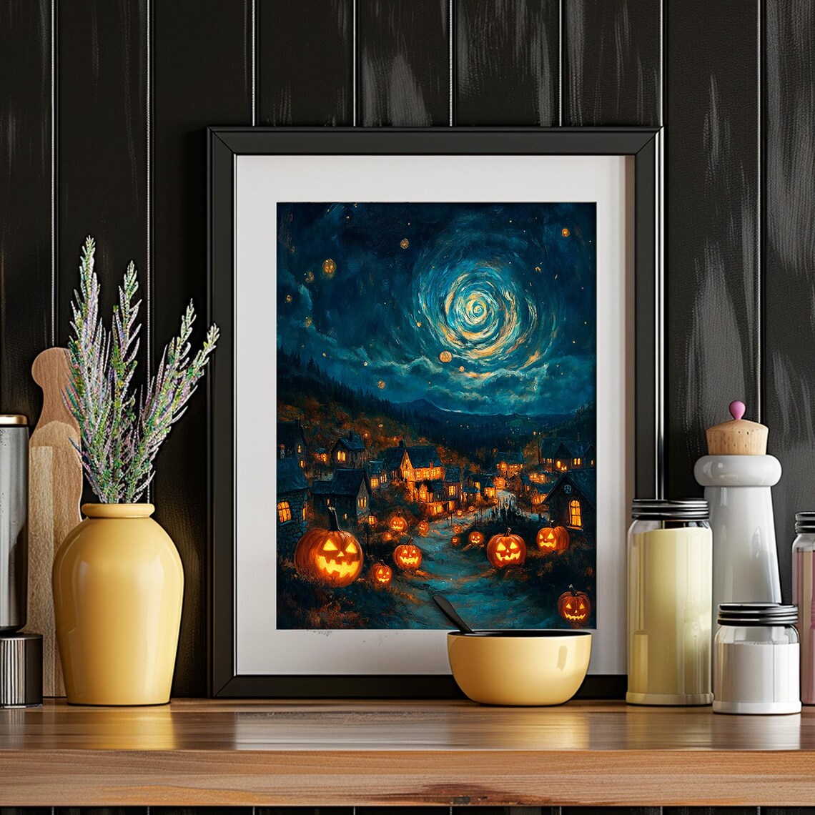 Halloween Village With Glowing Jack-o-Lanterns Under Swirling Night Sky Poster - Image 4