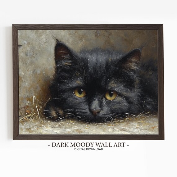 Black Cat With Golden Eyes Close Up Moody Rustic Dark Painting Poster