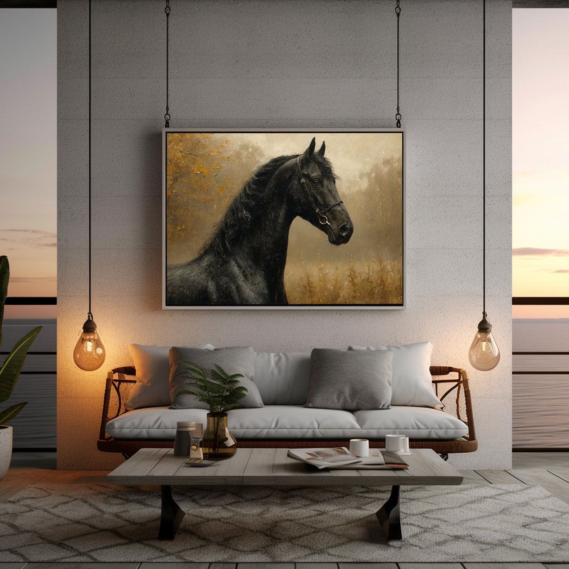 Black Horse Portrait Golden Autumn Moody Equestrian Painting Poster - Image 3