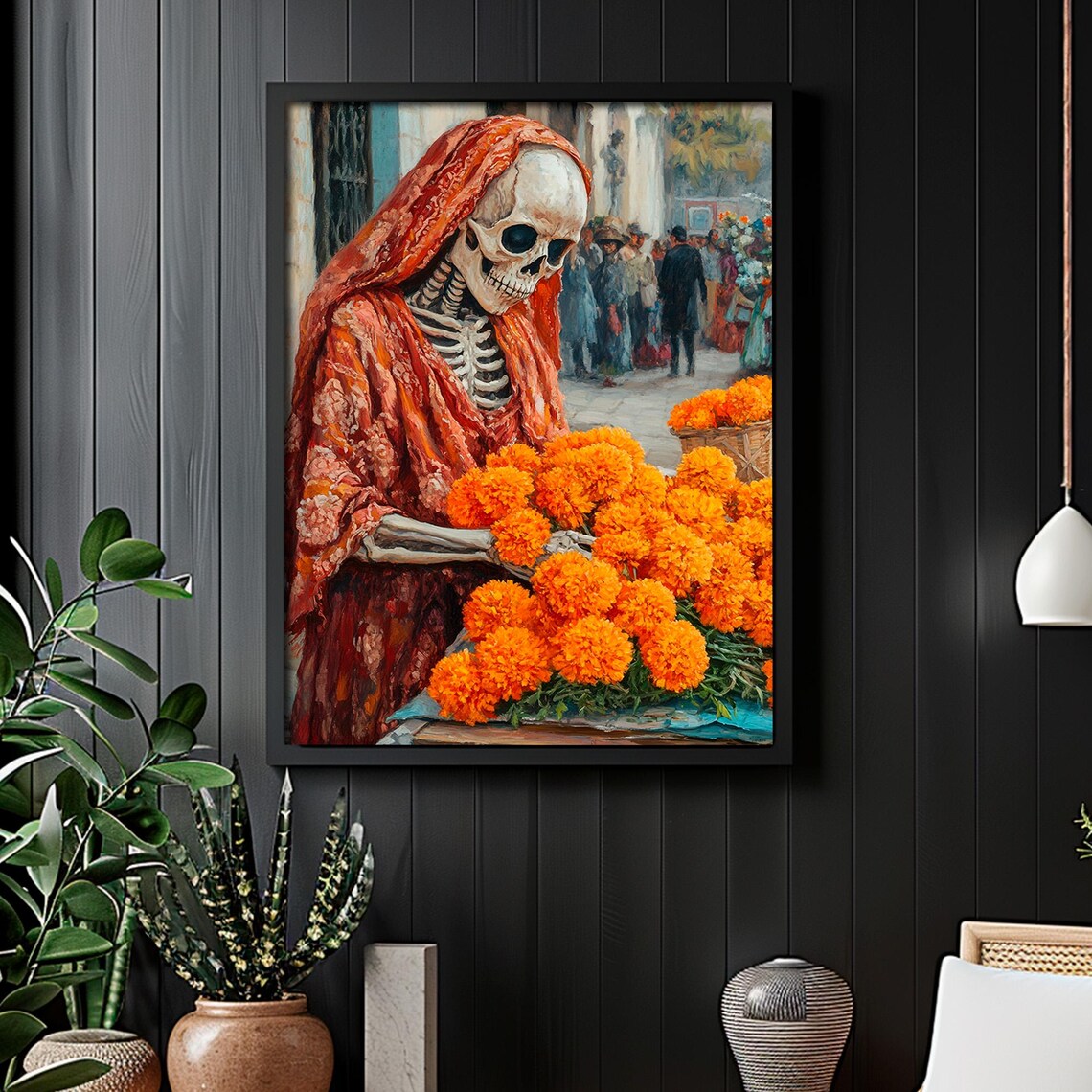 Day of the Dead Skeleton Flower Seller Marigolds Mexican Market Portrait Poster - Image 3