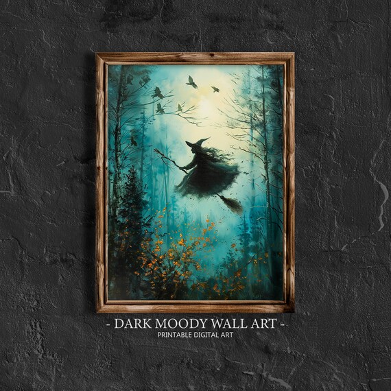 Witch Flying On Broom Through Forest Night Halloween Art Poster