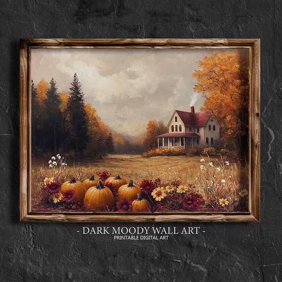 Moody Pumpkin Farm House Autumn Landscape Fall Harvest Poster