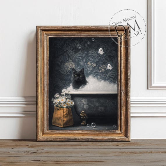 Black Cat Bath Wall Art, Spooky Halloween Decor