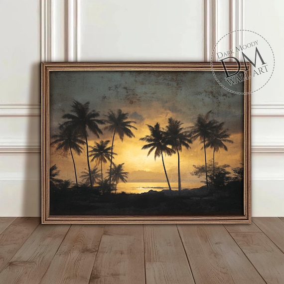Palm Tree Sunset, Tropical Coastal Beach Art Print