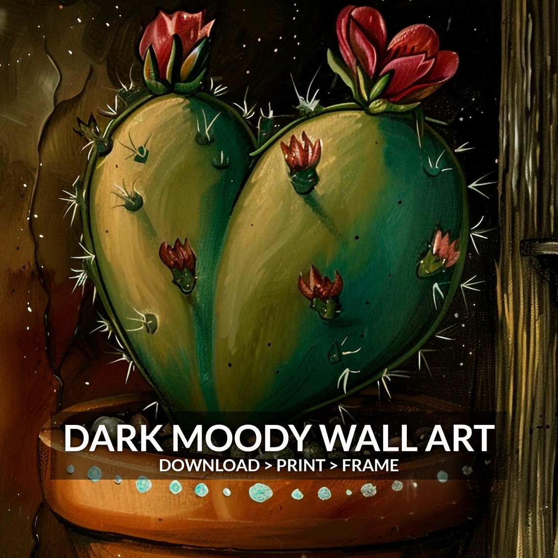Heart Cactus Terracotta Pot Red Blooms Dark Moody Still Life Poster - Image 4