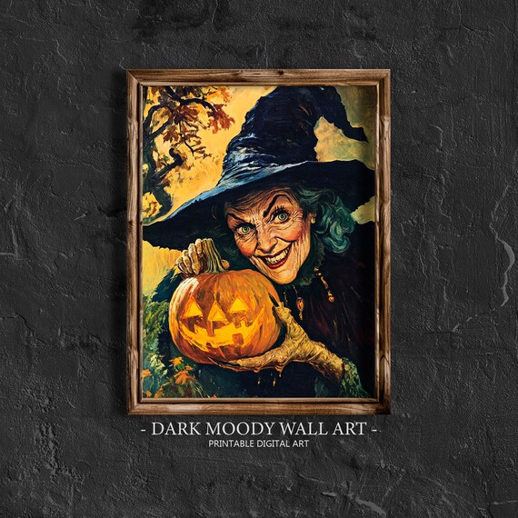 Old Witch Holding Glowing Jack O Lantern Vintage Halloween Poster