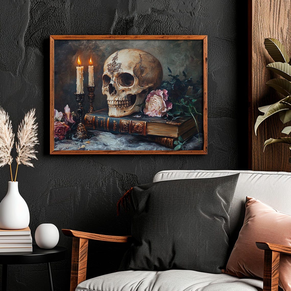 Gothic Skull With Burning Candles and Roses Dark Moody Wall Art - Image 5