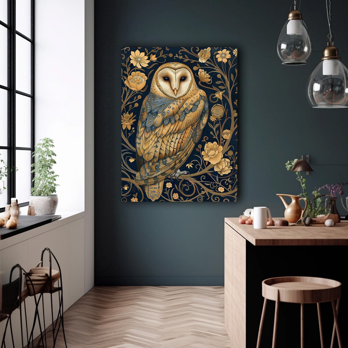Golden Barn Owl Floral William Morris Style Dark Vintage Wall Art - Image 6
