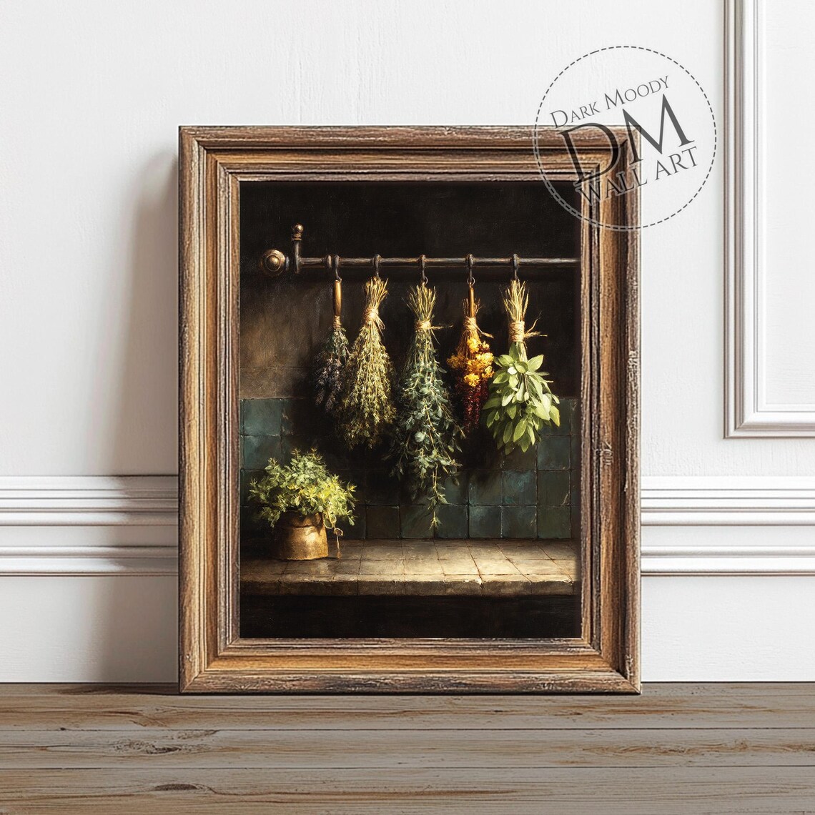 Italian Rustic Kitchen Herb Art Print, Moody Hanging Herbs