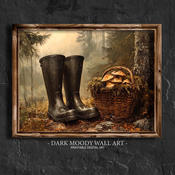 Black Rain Boots and Mushroom Basket in Misty Autumn Woods Vintage Poster